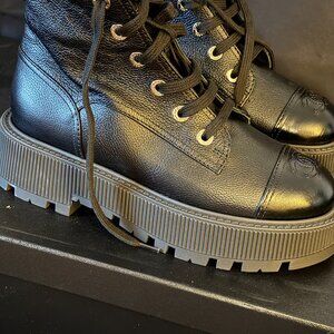 CHANEL Calfskin Leather CC Lace Up Combat Boots 38.5 Black